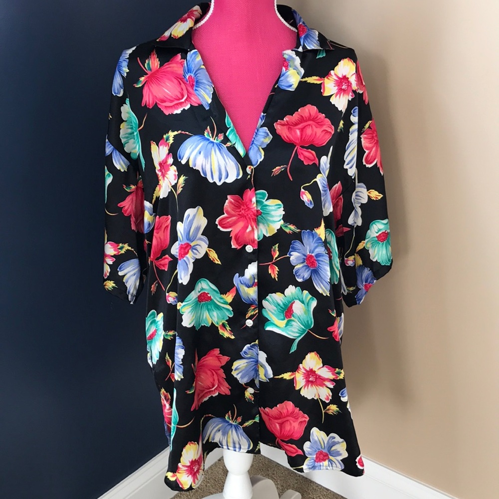 Victoria's Secret black silk top w/ floral pattern